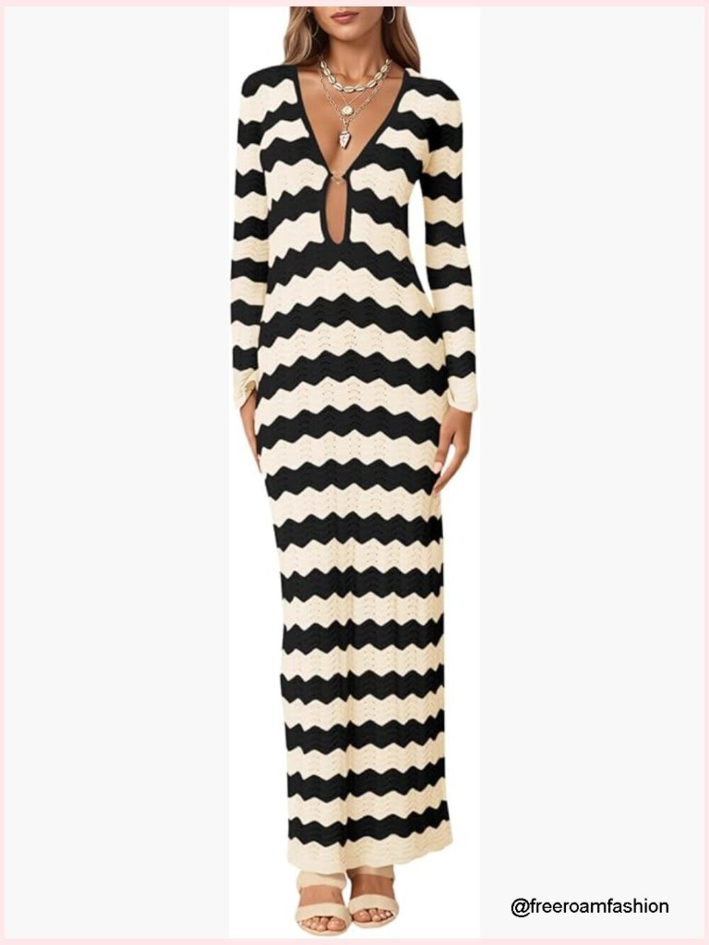 Crochet Maxi Dress with Cut Out V Neck Sexy Beach Cover Up Long Sleeve Knit